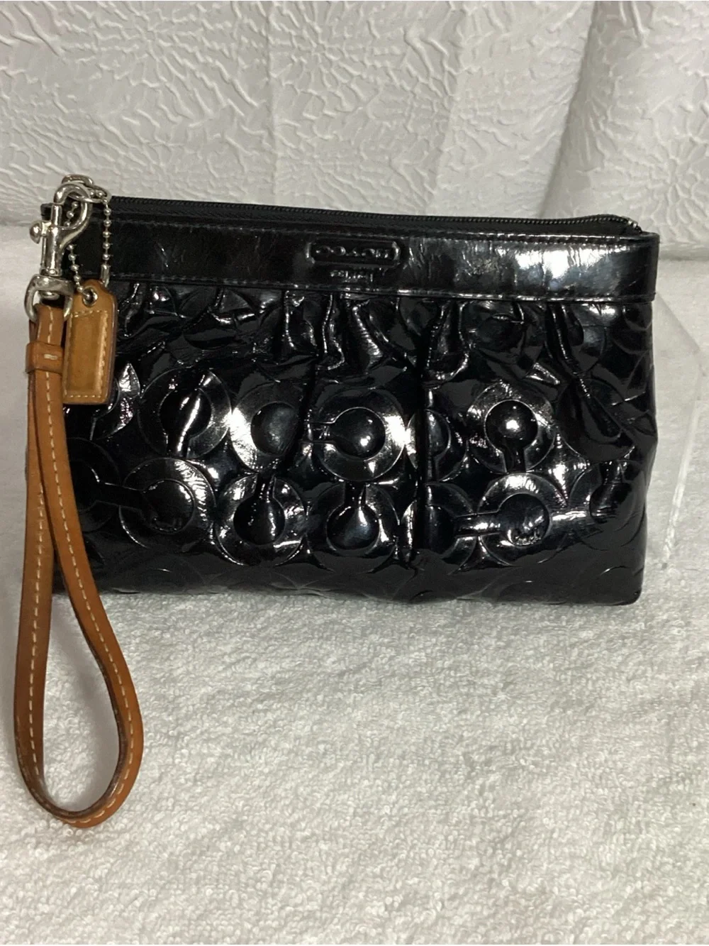 COACH Black Signature Embossed C Patent Leather Bag with Charm & Wrist Strap